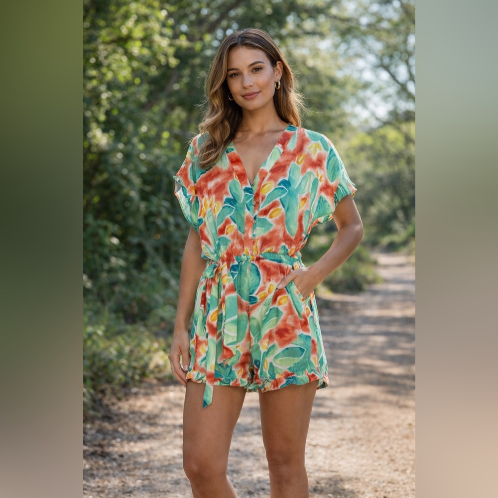 Easel Tropical Print Romper NWT | 100% Rayon | Tie Waist | Size S or M